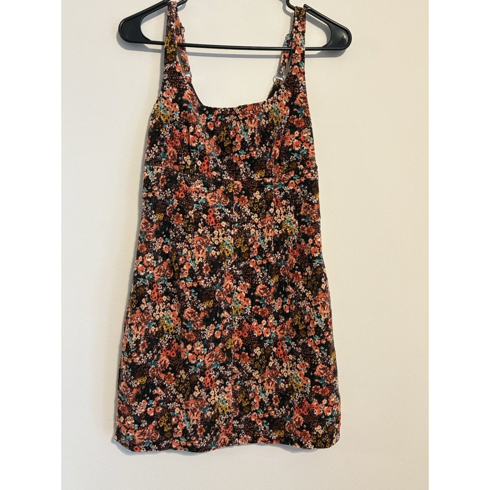 Floral Corduroy Mini Dress 90s Y2K Zip Front Adjustable Straps Lined